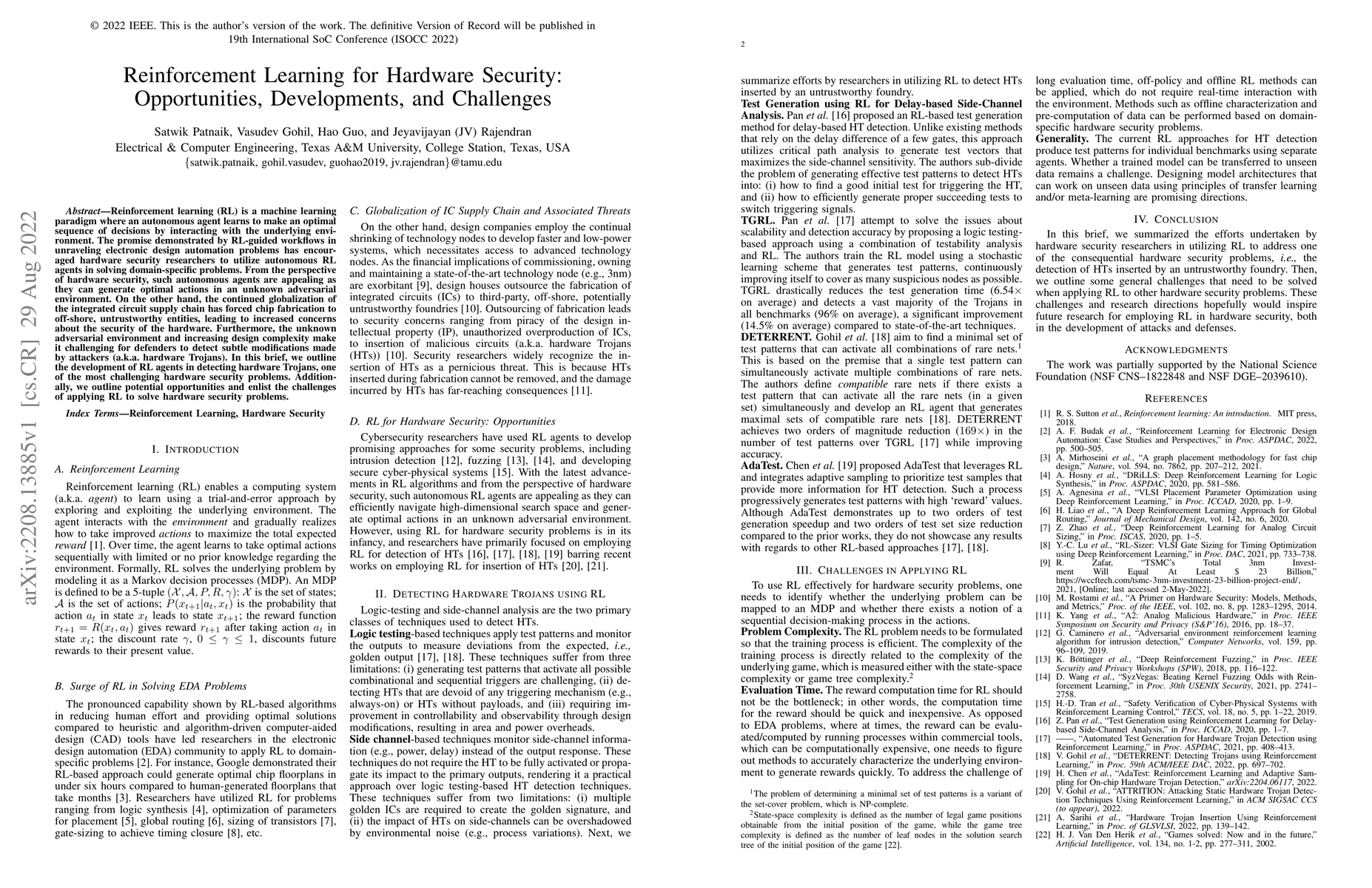 Thumbnail for Reinforcement Learning for Hardware Security: Opportunities,
  Developments, and Challenges