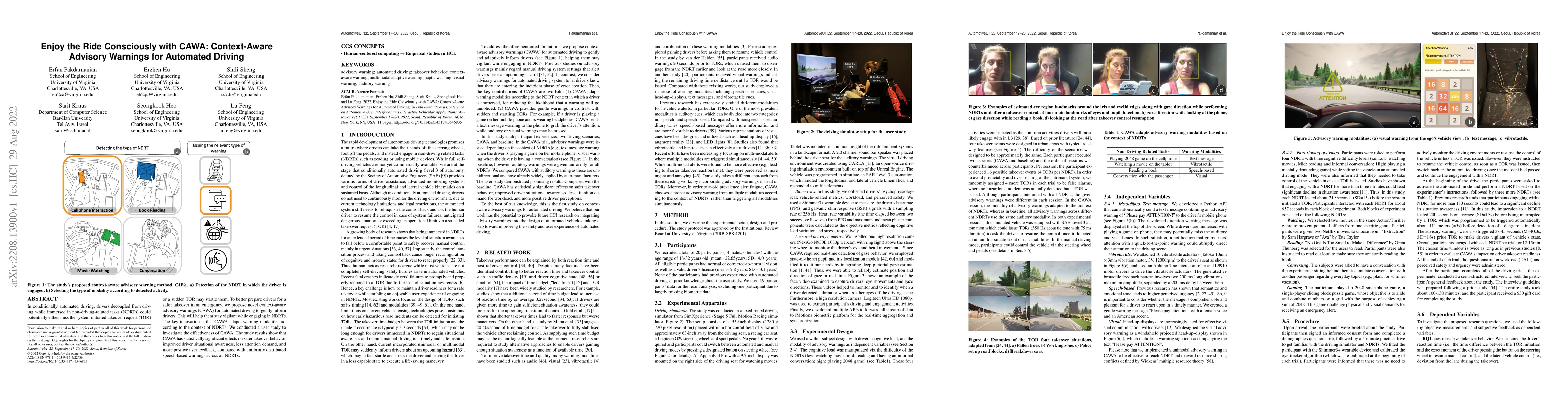Thumbnail for Enjoy the Ride Consciously with CAWA: Context-Aware Advisory Warnings
  for Automated Driving