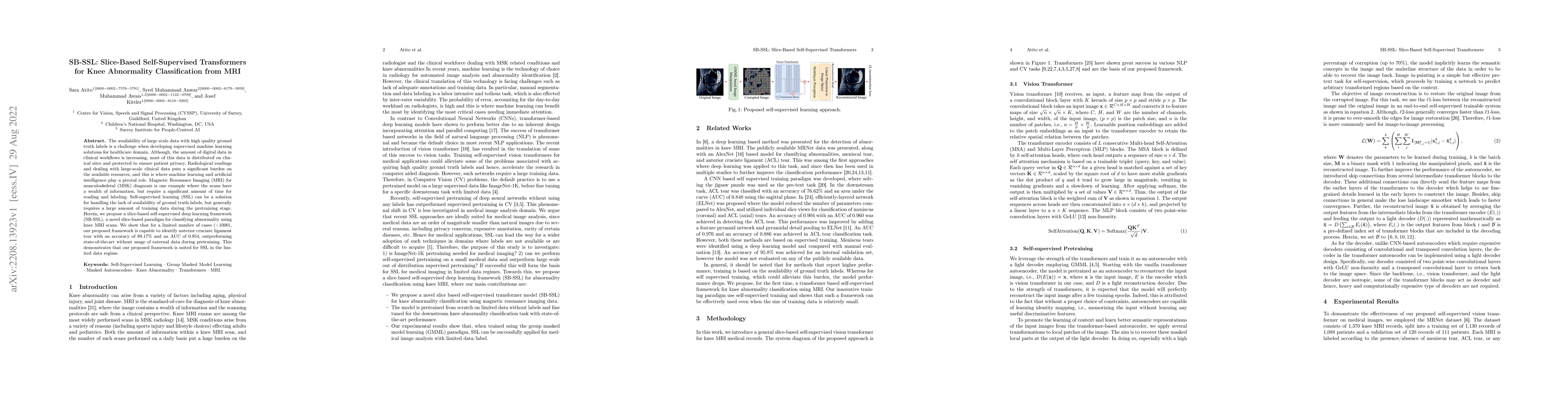 Thumbnail for SB-SSL: Slice-Based Self-Supervised Transformers for Knee Abnormality
  Classification from MRI