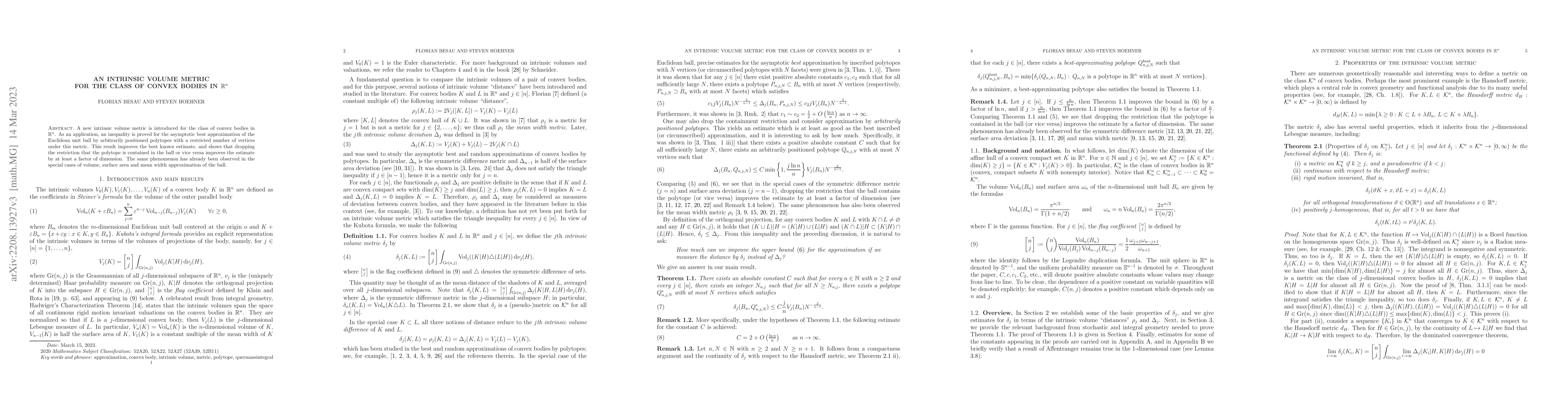 Thumbnail for An intrinsic volume metric for the class of convex bodies in
  $\mathbb{R}^n$