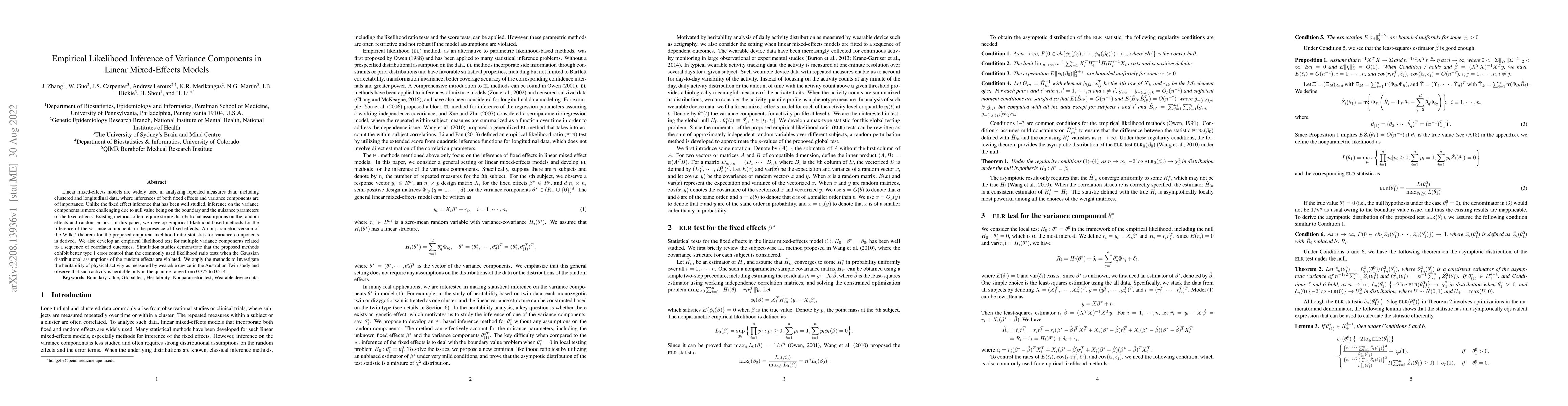 Thumbnail for Empirical Likelihood Inference of Variance Components in Linear
  Mixed-Effects Models