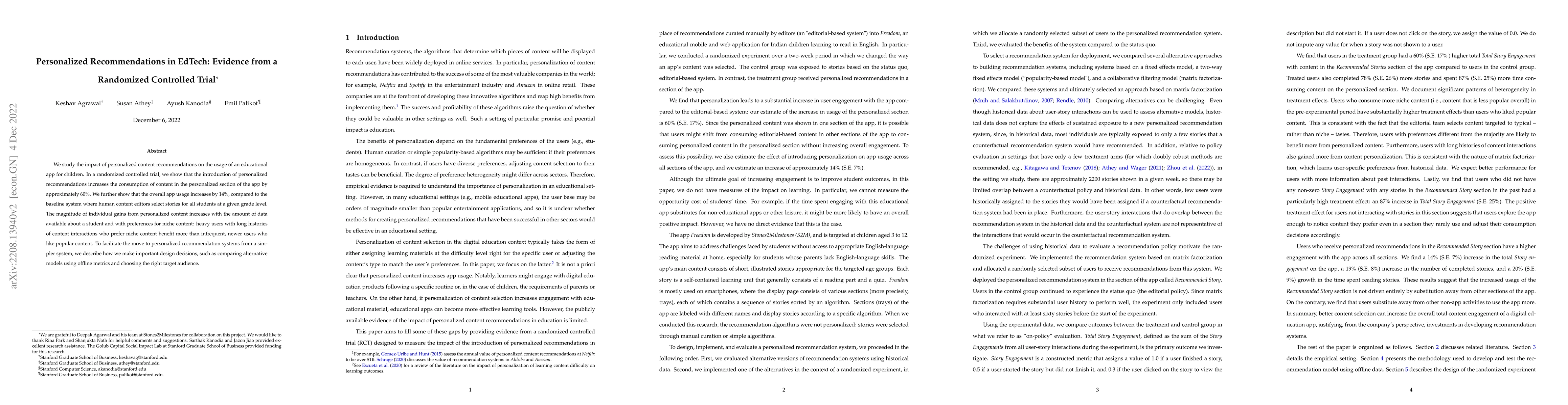 Thumbnail for Personalized Recommendations in EdTech: Evidence from a Randomized
  Controlled Trial