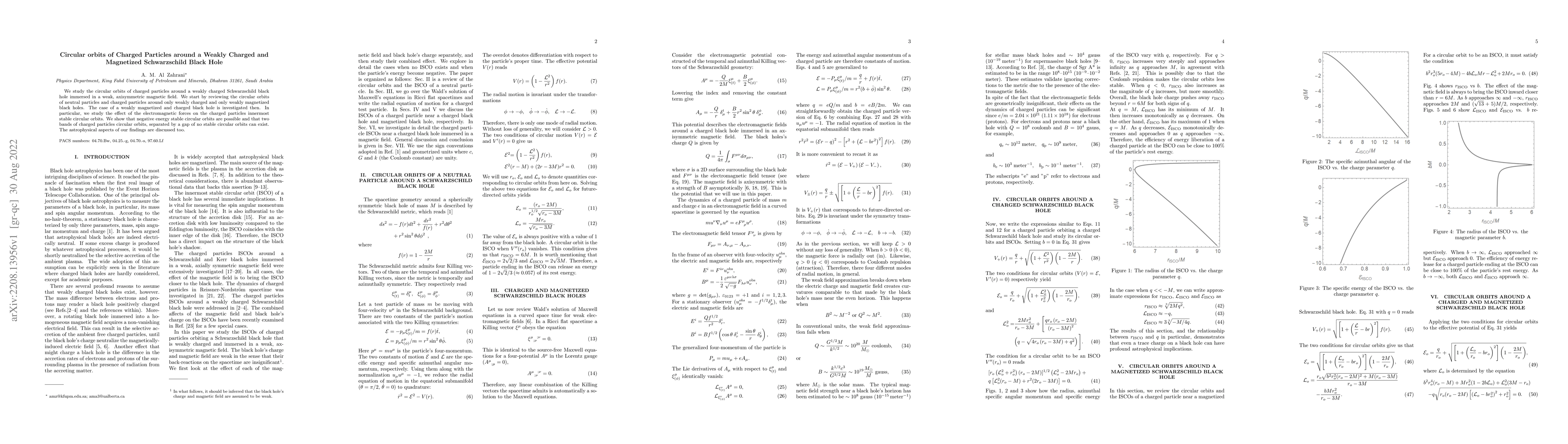 Thumbnail for Circular orbits of Charged Particles around a Weakly Charged and
  Magnetized Schwarzschild Black Hole