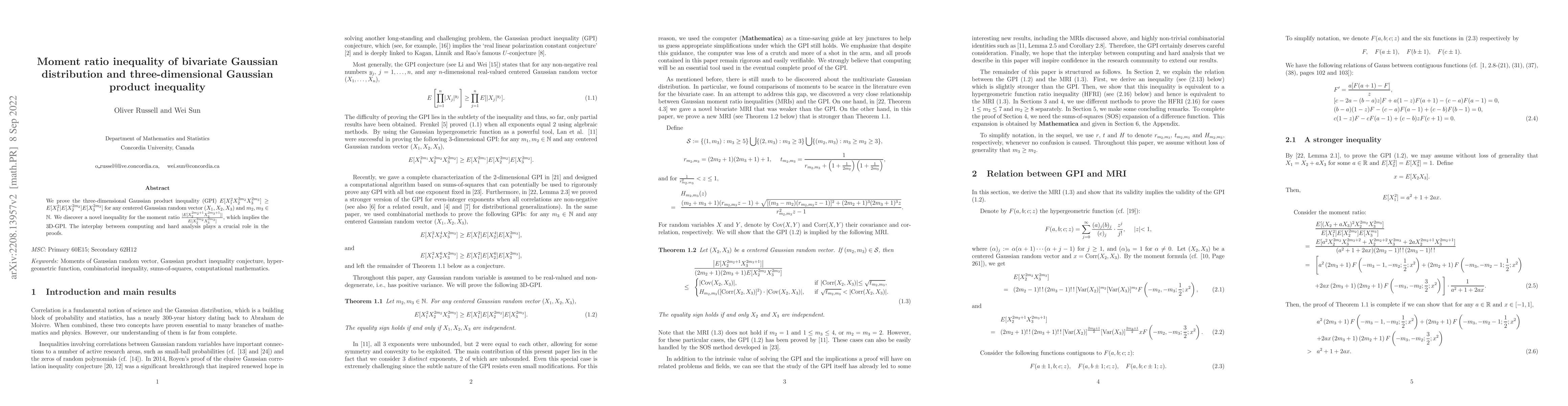 Thumbnail for Moment ratio inequality of bivariate Gaussian distribution and
  three-dimensional Gaussian product inequality