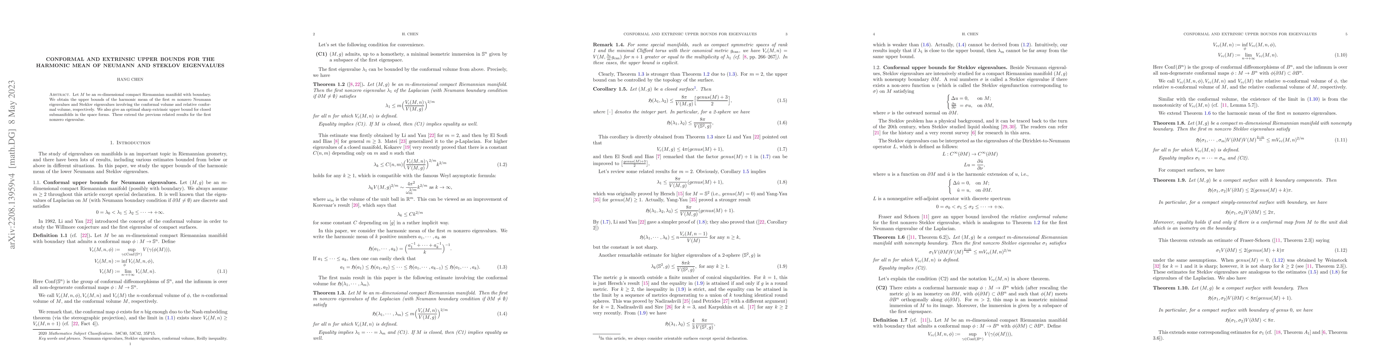 Thumbnail for Conformal and extrinsic upper bounds for the harmonic mean of Neumann
  and Steklov eigenvalues