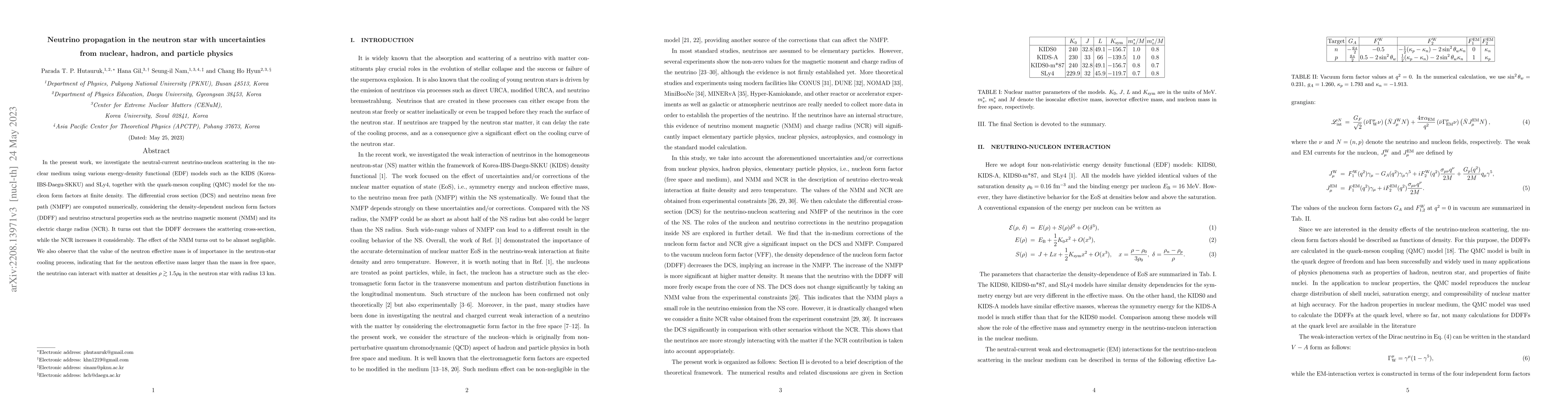 Thumbnail for Neutrino propagation in the neutron star with uncertainties from
  nuclear, hadron, and particle physics