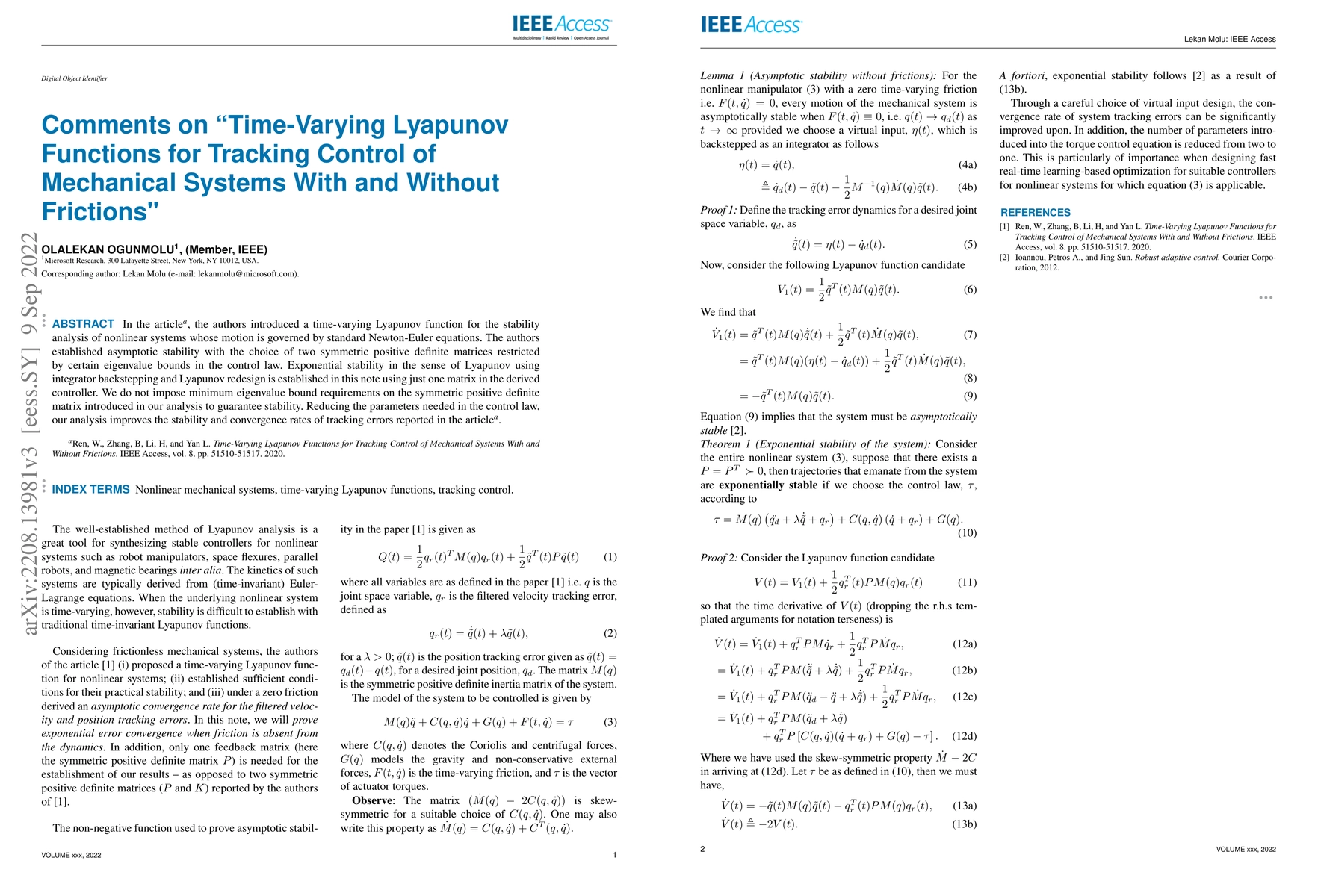 Thumbnail for Comments on "Time-Varying Lyapunov Functions for Tracking Control of
  Mechanical Systems With and Without Frictions"