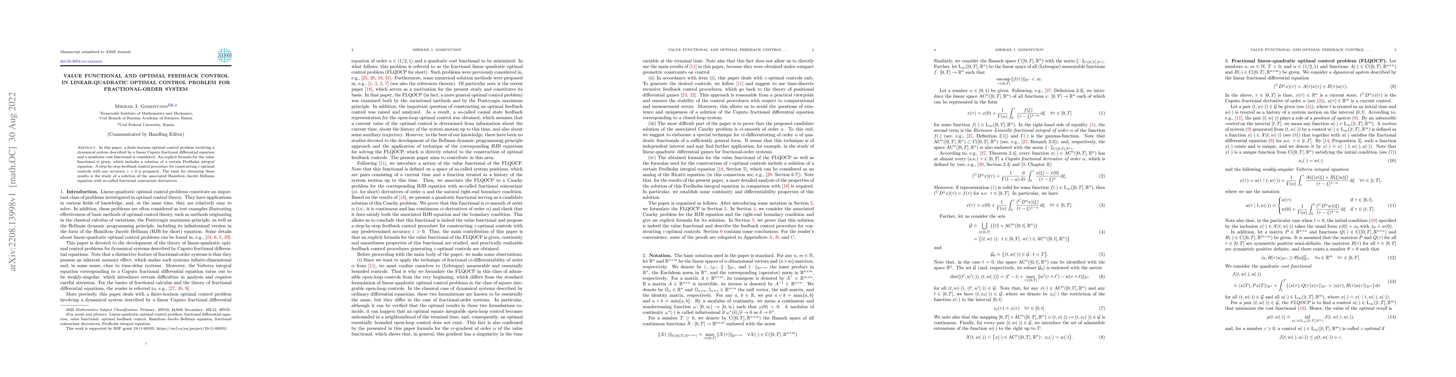 Thumbnail for Value functional and optimal feedback control in linear-quadratic
  optimal control problem for fractional-order system