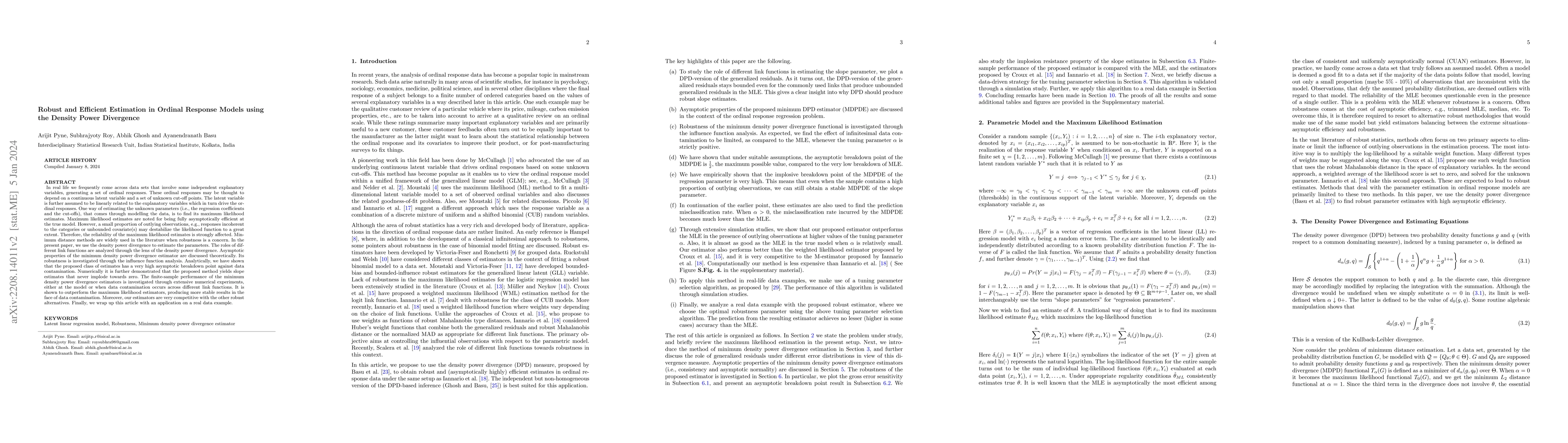Thumbnail for Robust and Efficient Estimation in Ordinal Response Models using the
  Density Power Divergence