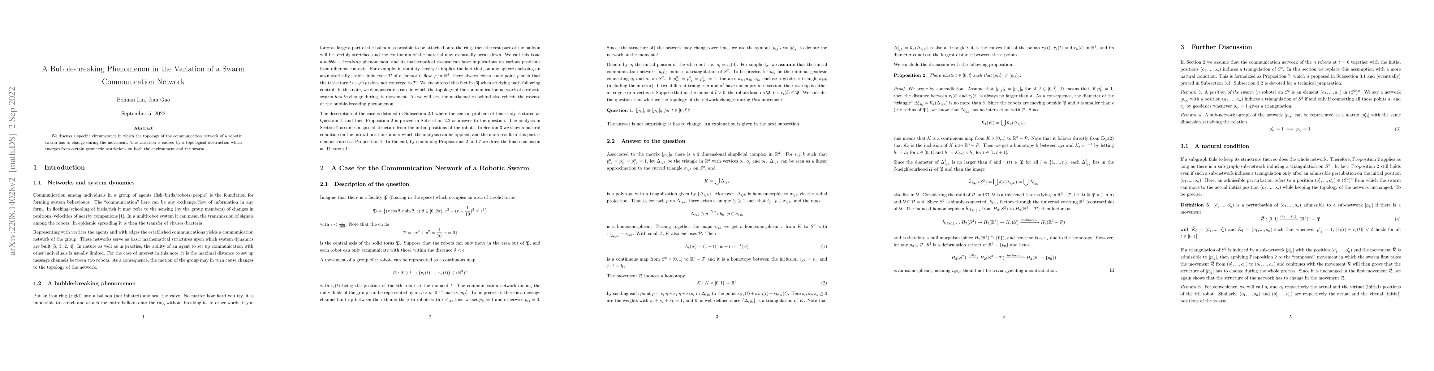 Thumbnail for A Bubble-breaking Phenomenon in the Variation of a Swarm Communication
  Network
