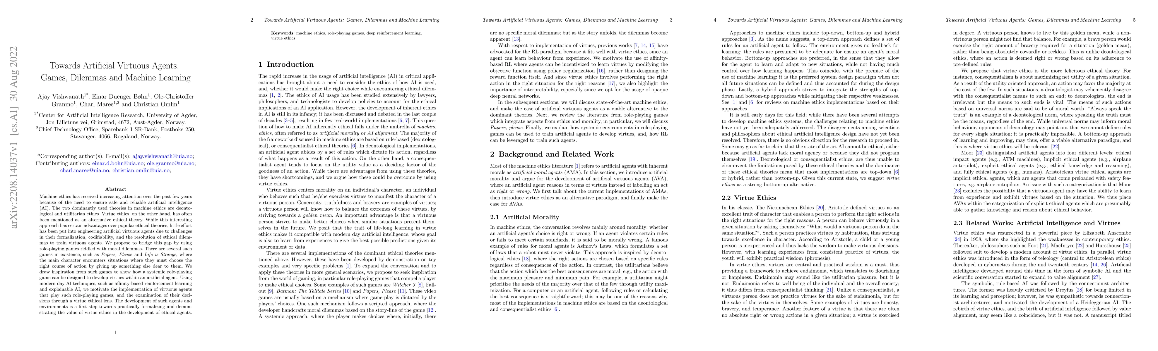 Thumbnail for Towards Artificial Virtuous Agents: Games, Dilemmas and Machine Learning