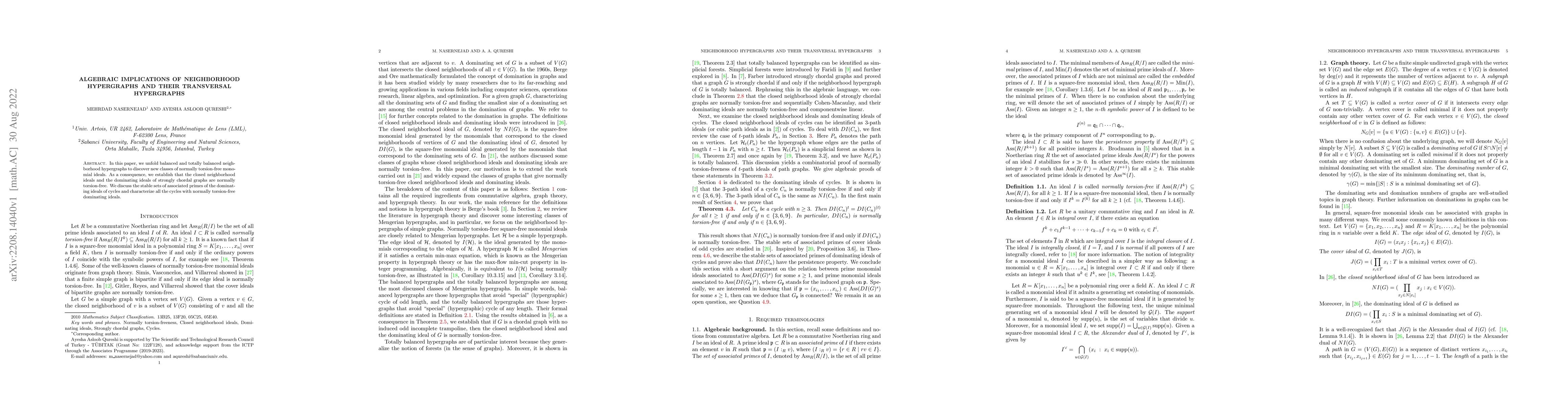 Thumbnail for Algebraic implications of neighborhood hypergraphs and their transversal
  hypergraphs