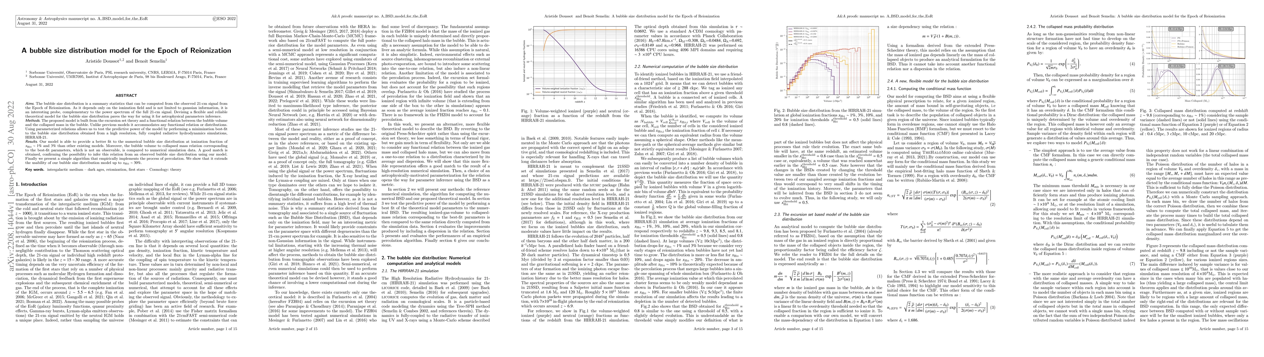 Thumbnail for A bubble size distribution model for the Epoch of Reionization