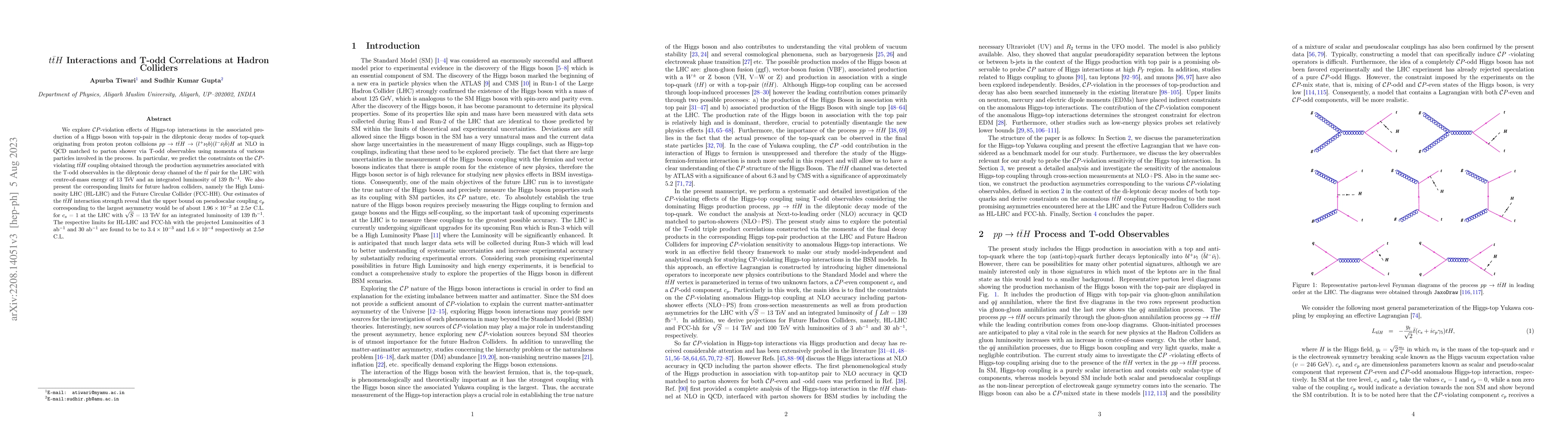 Thumbnail for $t\bar{t}H$ Interactions and T-odd Correlations at Hadron Colliders