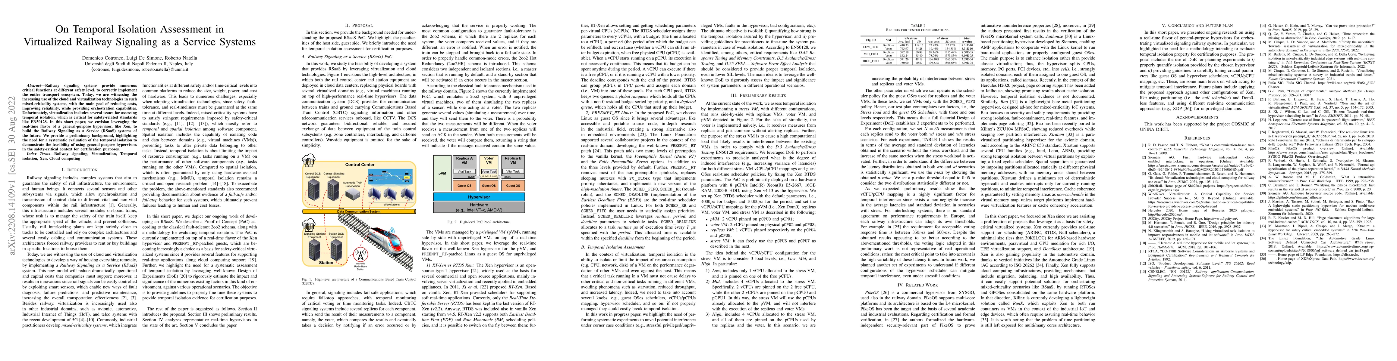 Thumbnail for On Temporal Isolation Assessment in Virtualized Railway Signaling as a
  Service Systems