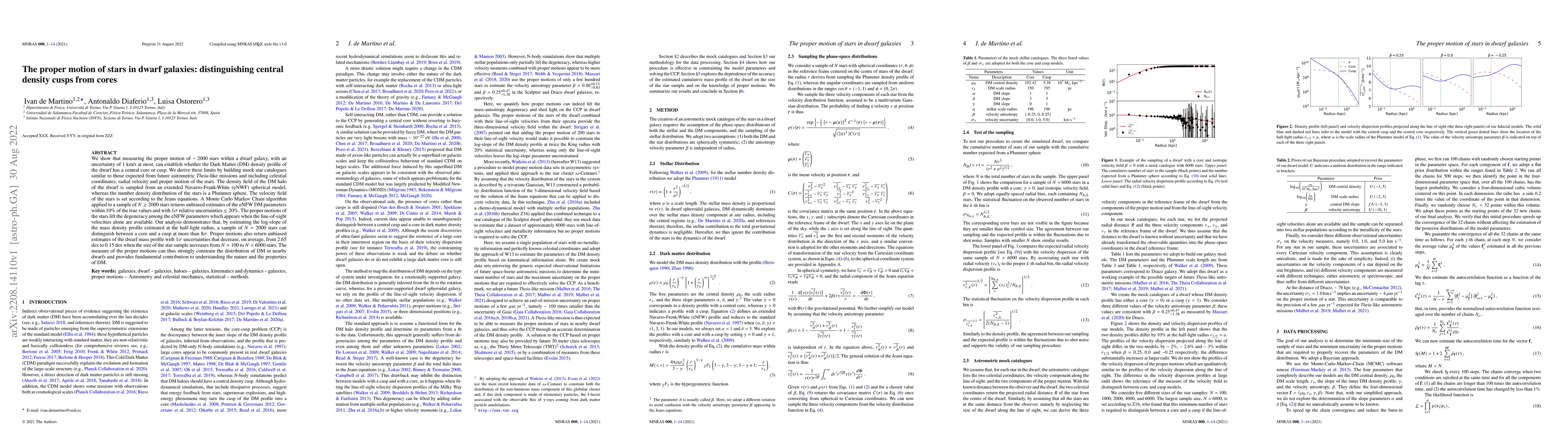 Thumbnail for The proper motion of stars in dwarf galaxies: distinguishing central
  density cusps from cores