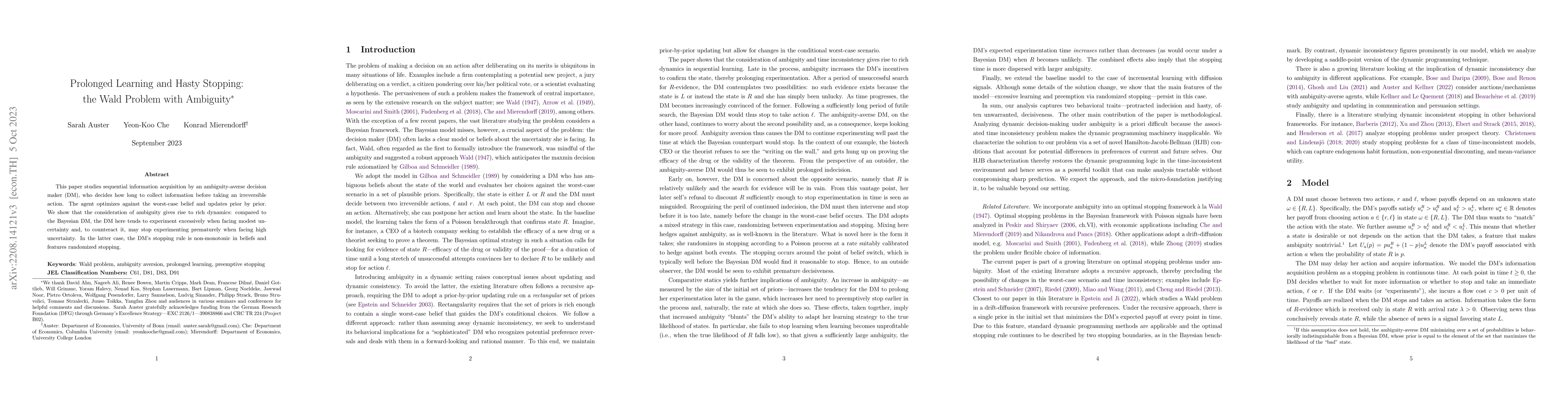 Thumbnail for Prolonged Learning and Hasty Stopping: the Wald Problem with Ambiguity