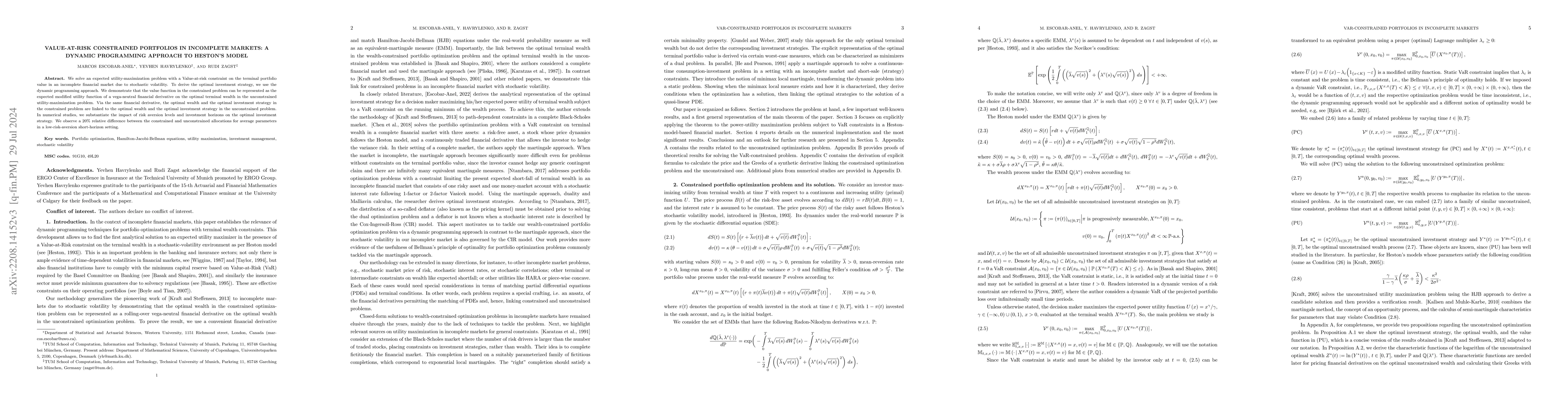 Thumbnail for Value-at-Risk constrained portfolios in incomplete markets: a dynamic
  programming approach to Heston's model