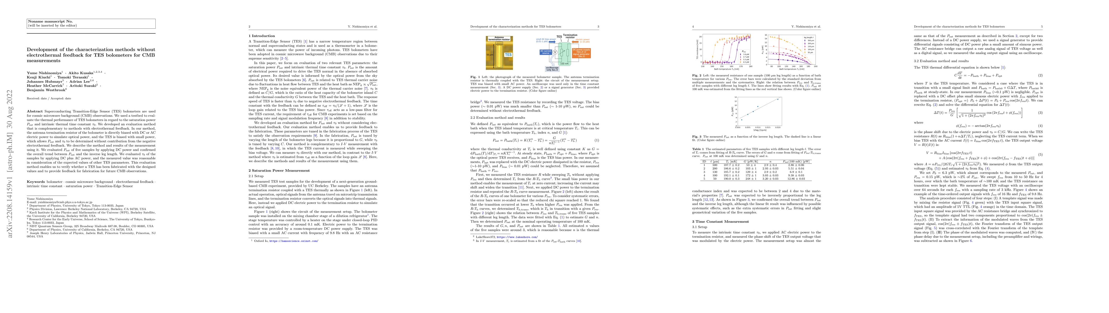 Thumbnail for Development of the characterization methods without electrothermal
  feedback for TES bolometers for CMB measurements