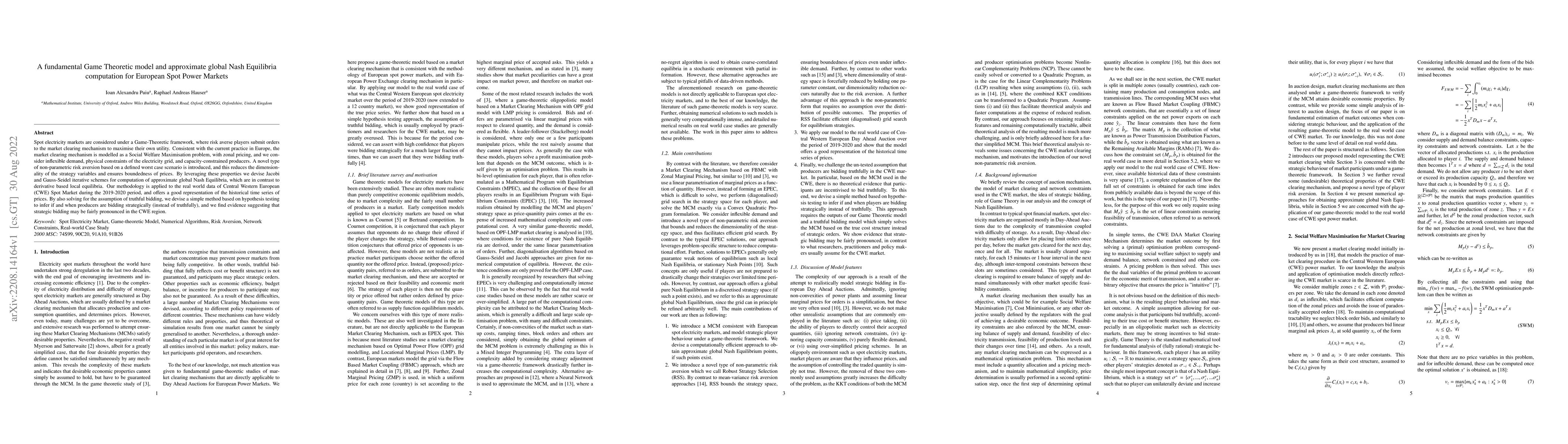 Thumbnail for A fundamental Game Theoretic model and approximate global Nash
  Equilibria computation for European Spot Power Markets