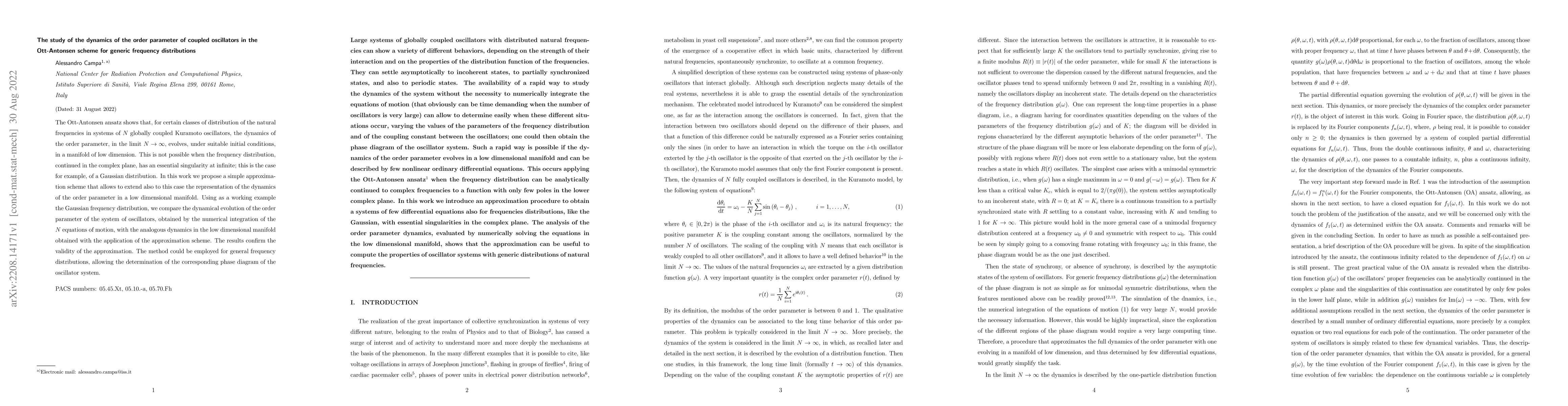 Thumbnail for The study of the dynamics of the order parameter of coupled oscillators
  in the Ott-Antonsen scheme for generic frequency distributions