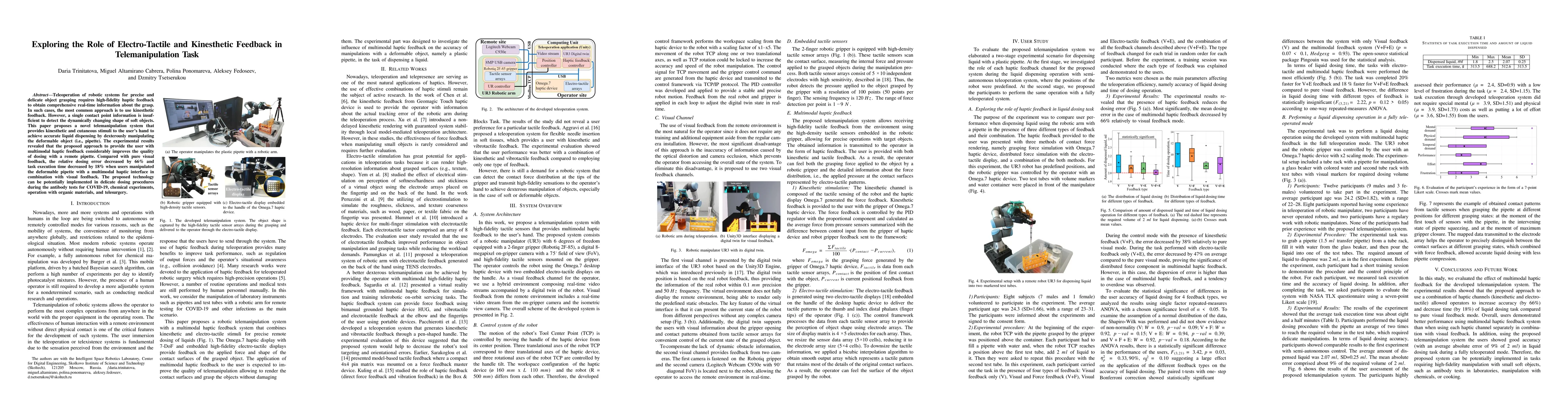 Thumbnail for Exploring the Role of Electro-Tactile and Kinesthetic Feedback in
  Telemanipulation Task