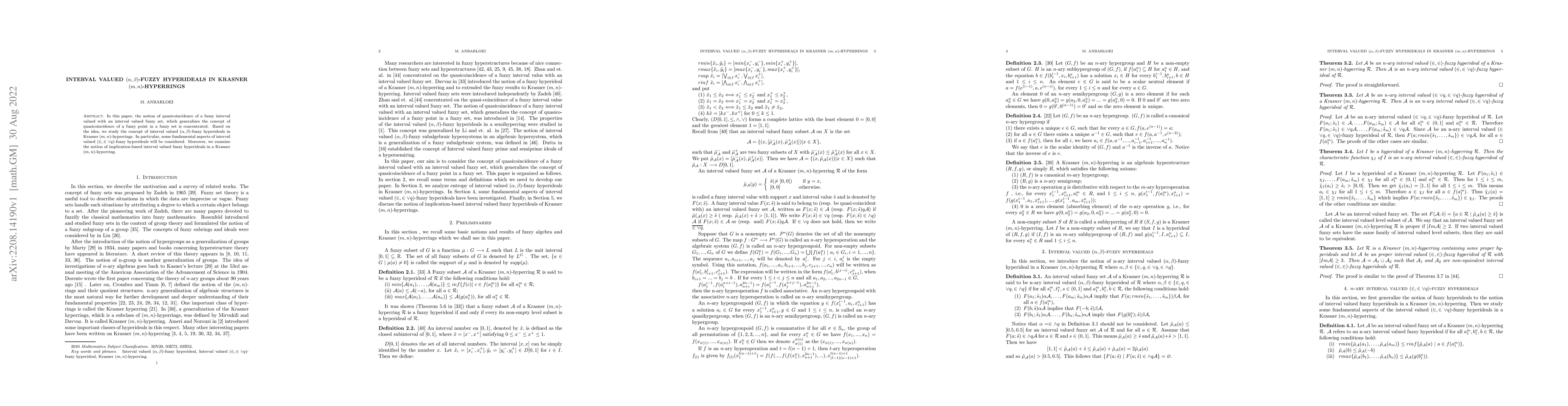 Thumbnail for Interval valued $(\alpha,\beta)$-fuzzy hyperideals in Krasner
  $(m,n)$-hyperrings