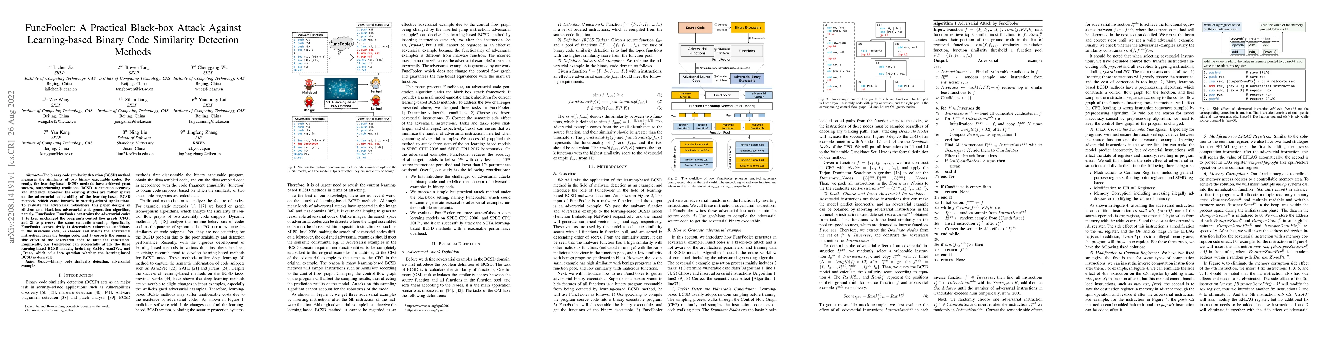 Thumbnail for FuncFooler: A Practical Black-box Attack Against Learning-based Binary
  Code Similarity Detection Methods