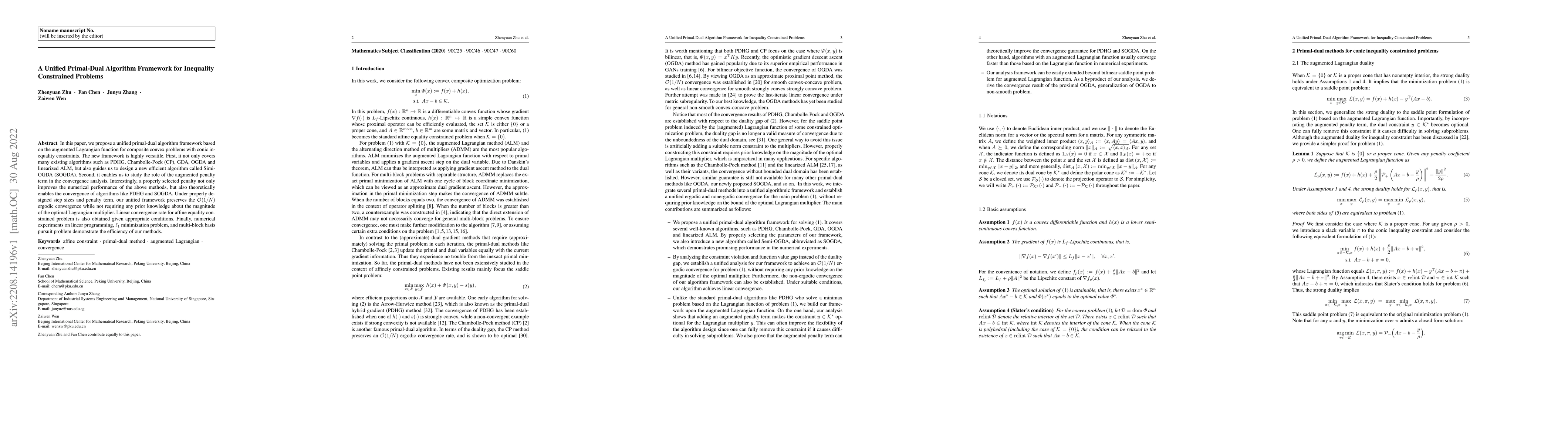 Thumbnail for A Unified Primal-Dual Algorithm Framework for Inequality Constrained
  Problems