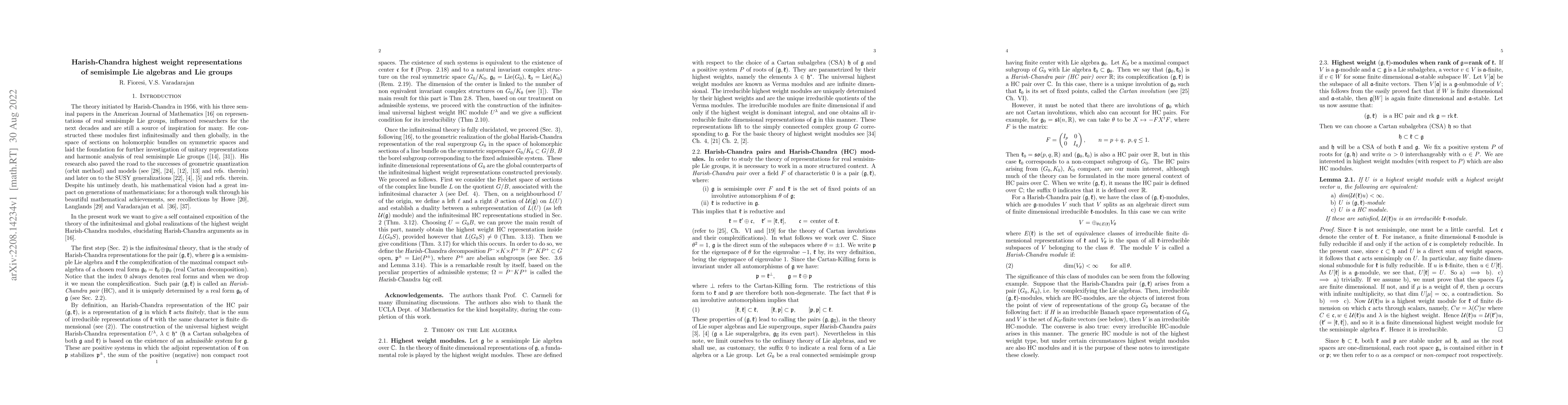 Thumbnail for Harish-Chandra highest weight representations of semisimple Lie algebras
  and Lie groups