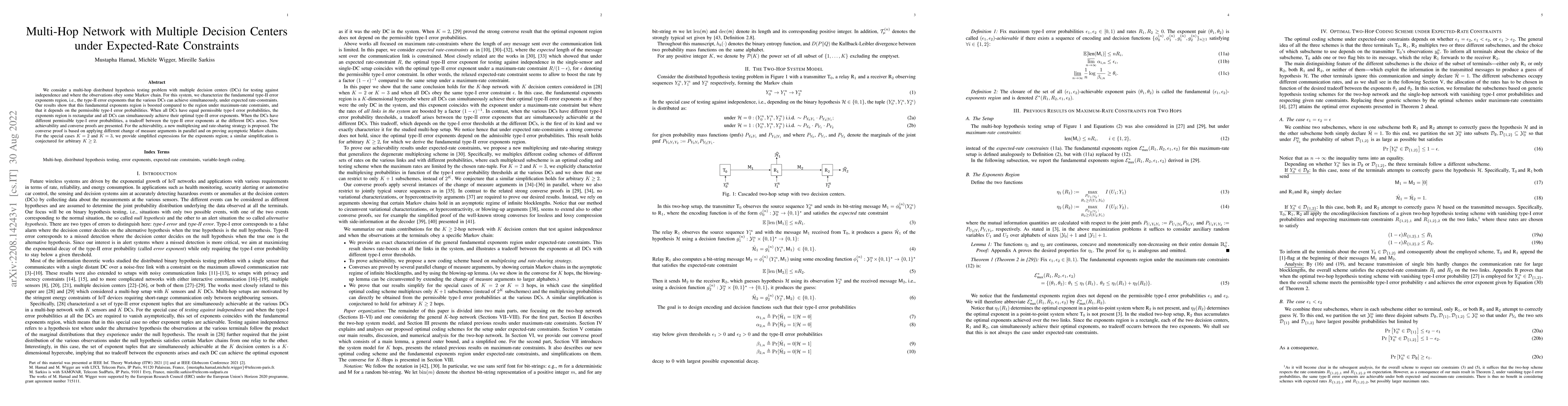 Thumbnail for Multi-Hop Network with Multiple Decision Centers under Expected-Rate
  Constraints