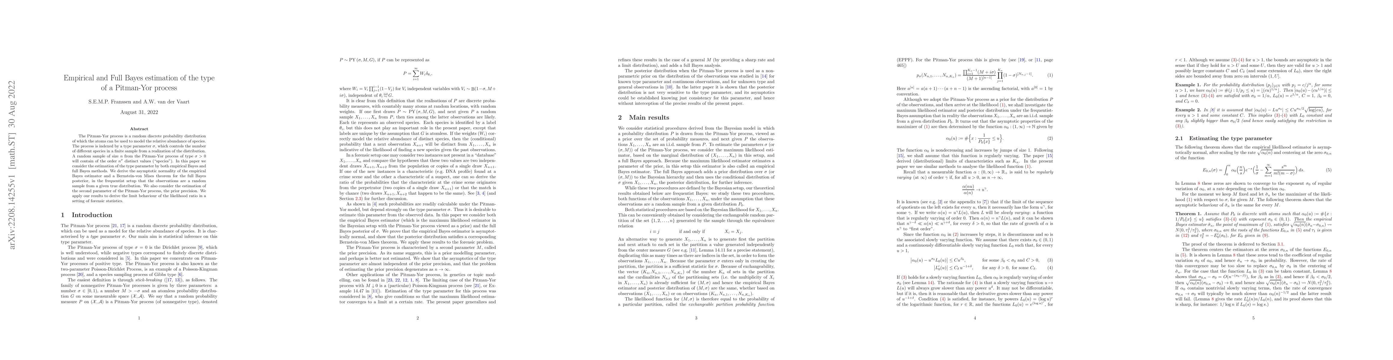 Thumbnail for Empirical and Full Bayes estimation of the type of a Pitman-Yor process