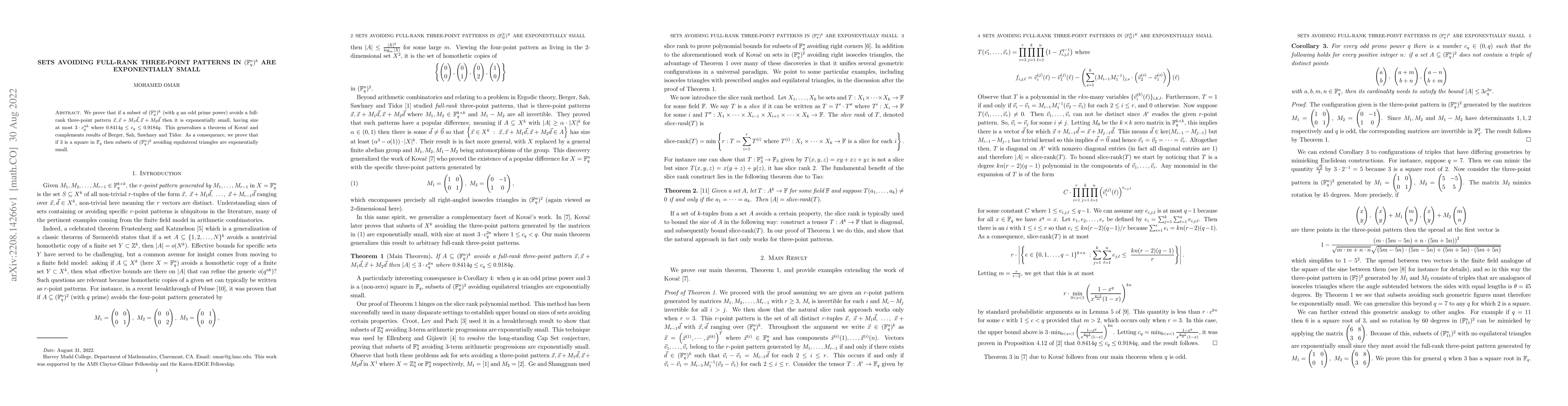 Thumbnail for Sets Avoiding Full-Rank Three-Point Patterns in $(\mathbb{F}_q^n)^k$ Are
  Exponentially Small
