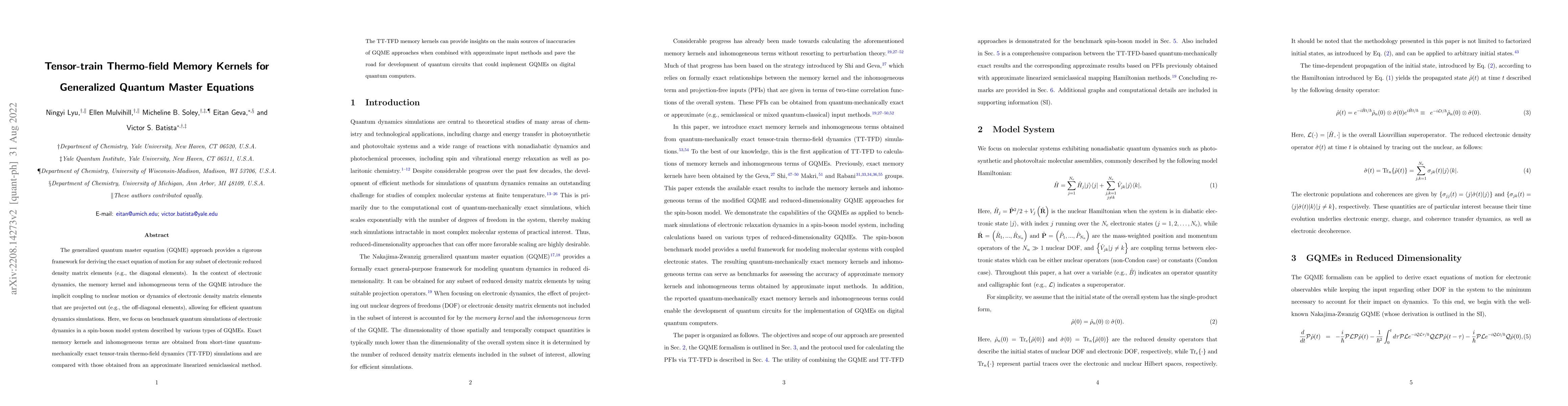 Thumbnail for Tensor-Train Thermo-Field Memory Kernels for Generalized Quantum Master
  Equations