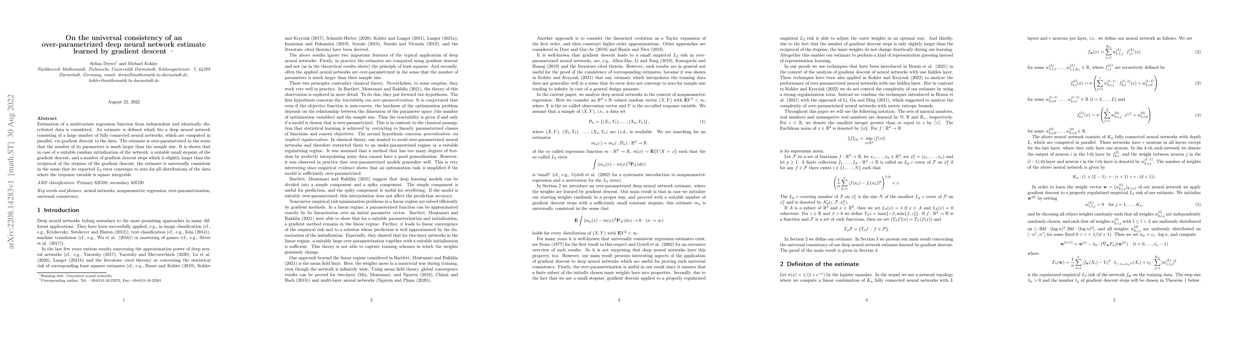 Thumbnail for On the universal consistency of an over-parametrized deep neural network
  estimate learned by gradient descent