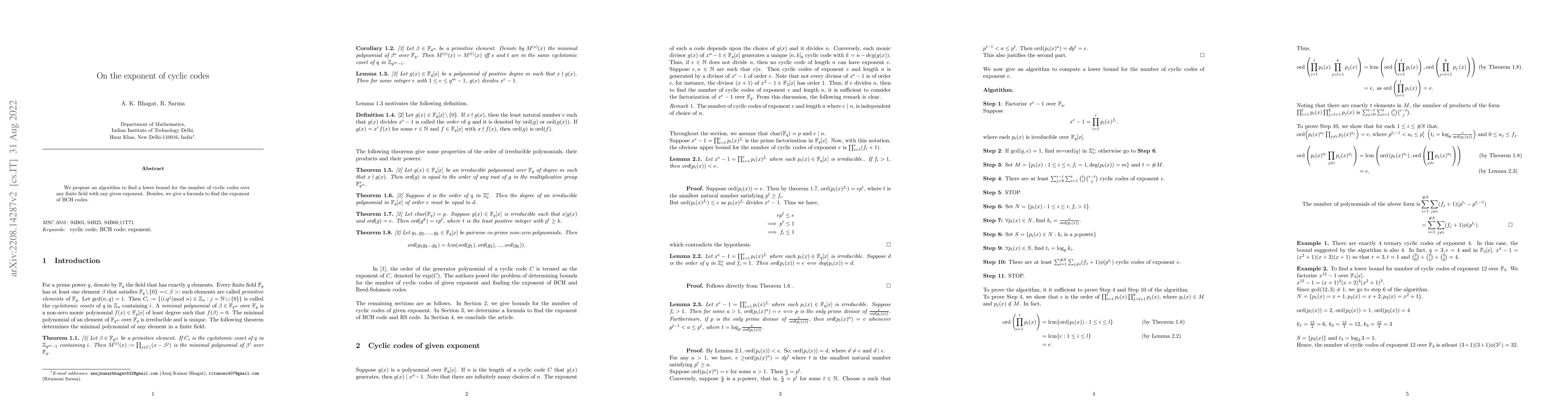 Thumbnail for On the exponent of cyclic codes