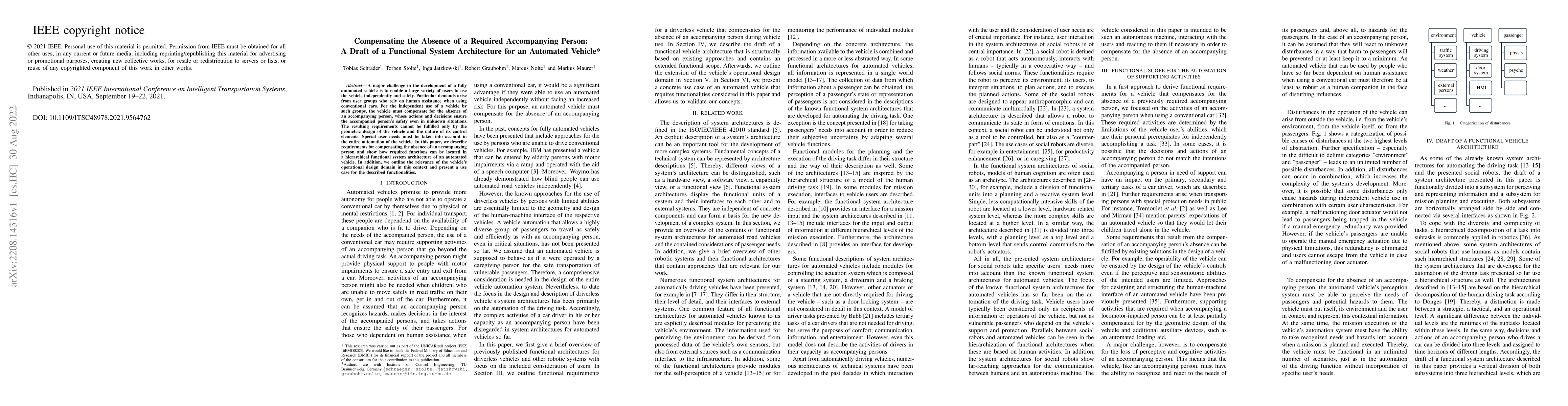 Thumbnail for Compensating for the Absence of a Required Accompanying Person: A Draft
  of a Functional System Architecture for an Automated Vehicle