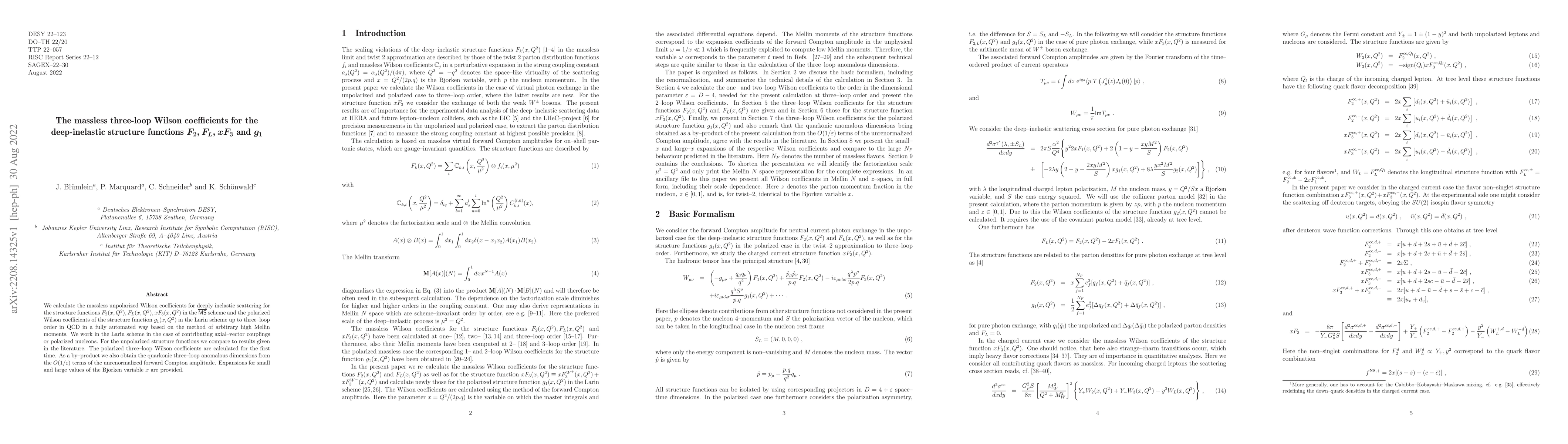 Thumbnail for The massless three-loop Wilson coefficients for the deep-inelastic
  structure functions $F_2, F_L, xF_3$ and $g_1$