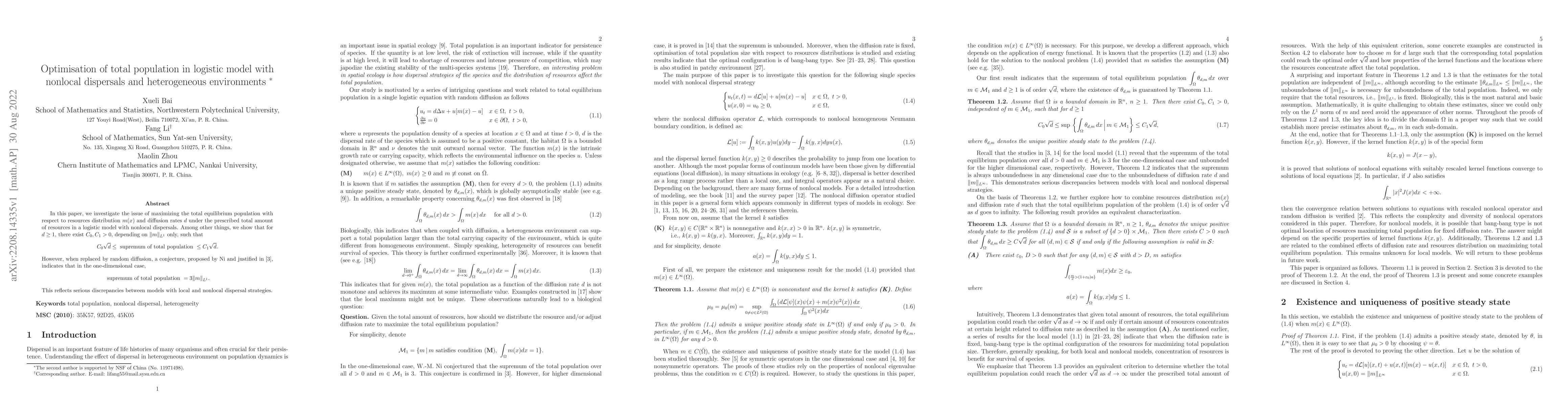 Thumbnail for Optimisation of total population in logistic model with nonlocal
  dispersals and heterogeneous environments