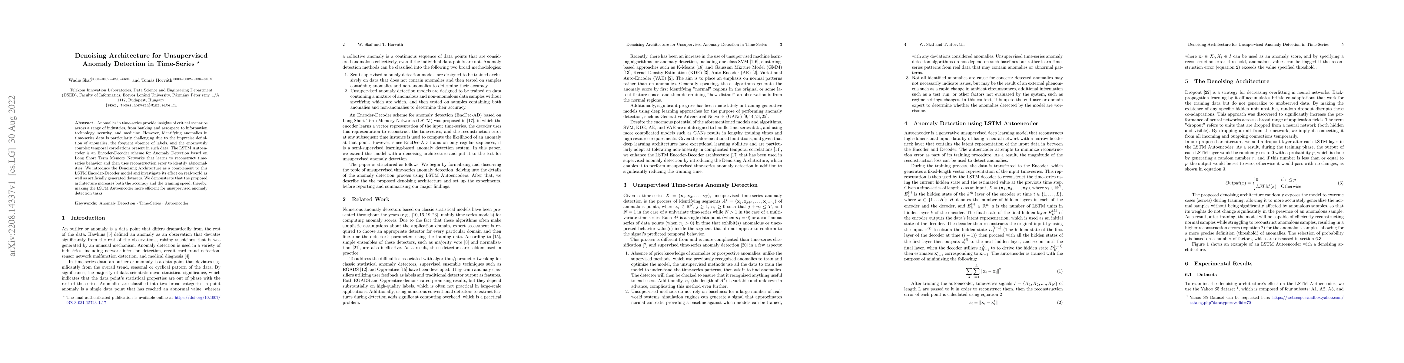 Thumbnail for Denoising Architecture for Unsupervised Anomaly Detection in Time-Series