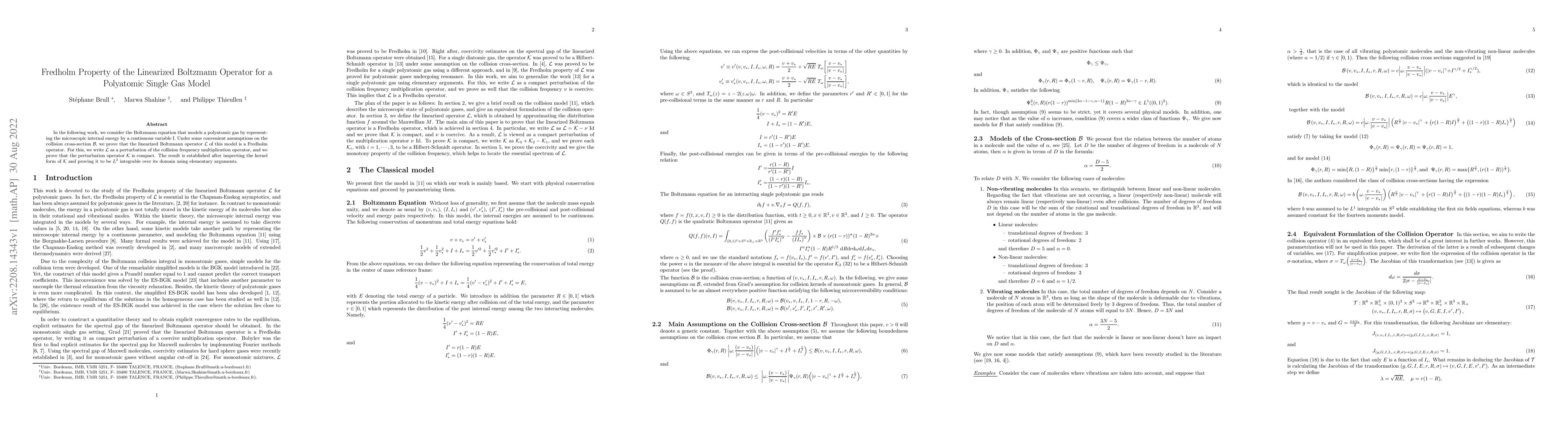 Thumbnail for Fredholm Property of the Linearized Boltzmann Operator for a Polyatomic
  Single Gas Model