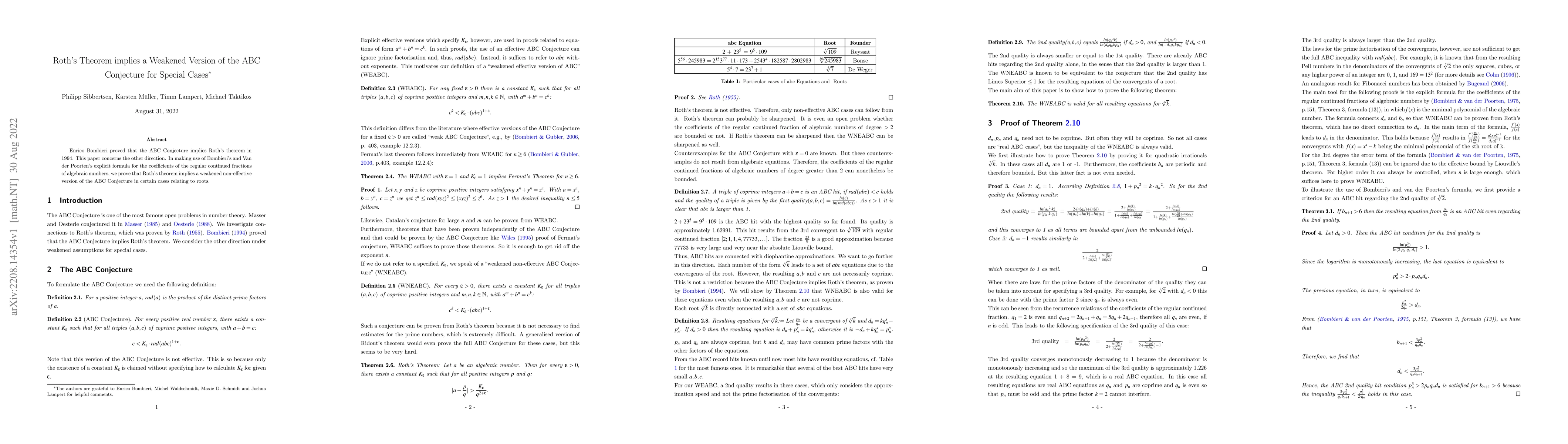 Thumbnail for Roth's Theorem implies a Weakened Version of the ABC Conjecture for
  Special Cases