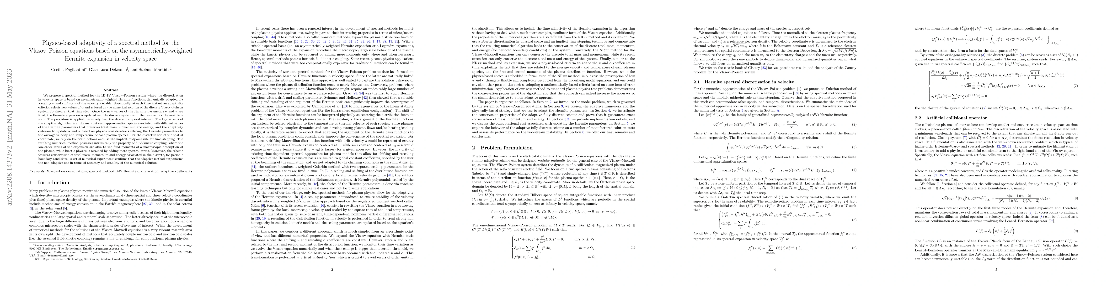Thumbnail for Physics-based adaptivity of a spectral method for the Vlasov-Poisson
  equations based on the asymmetrically-weighted Hermite expansion in velocity
  space