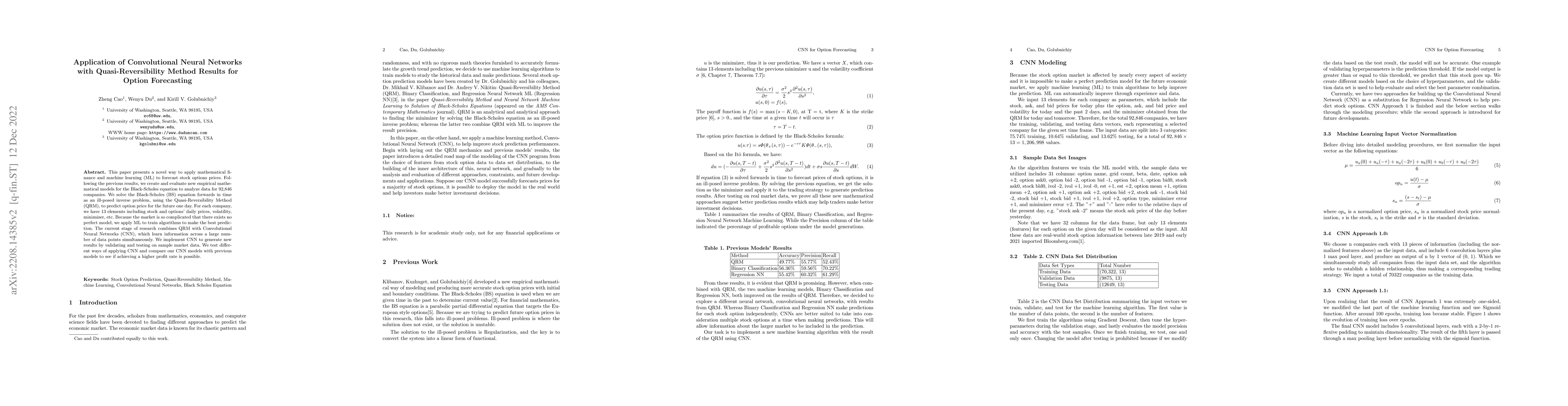 Thumbnail for Application of Convolutional Neural Networks with Quasi-Reversibility
  Method Results for Option Forecasting