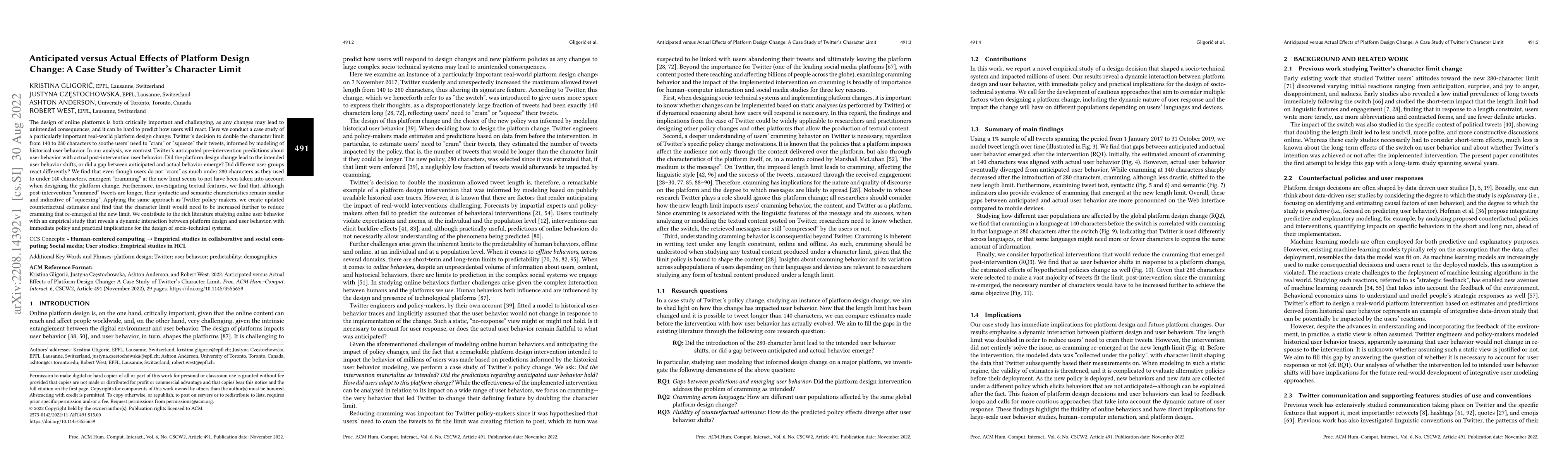 Thumbnail for Anticipated versus Actual Effects of Platform Design Change: A Case
  Study of Twitter's Character Limit