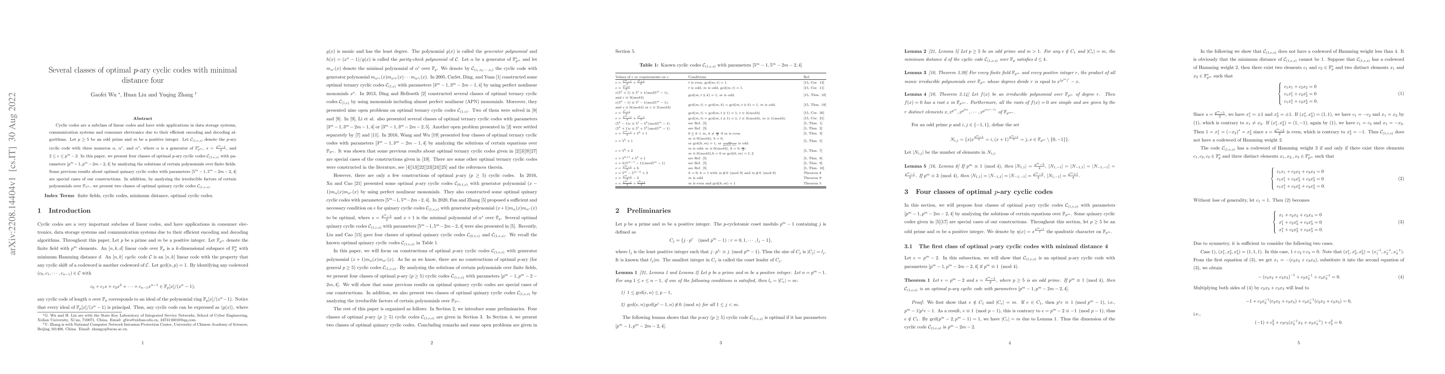 Thumbnail for Several classes of optimal $p$-ary cyclic codes with minimal distance
  four