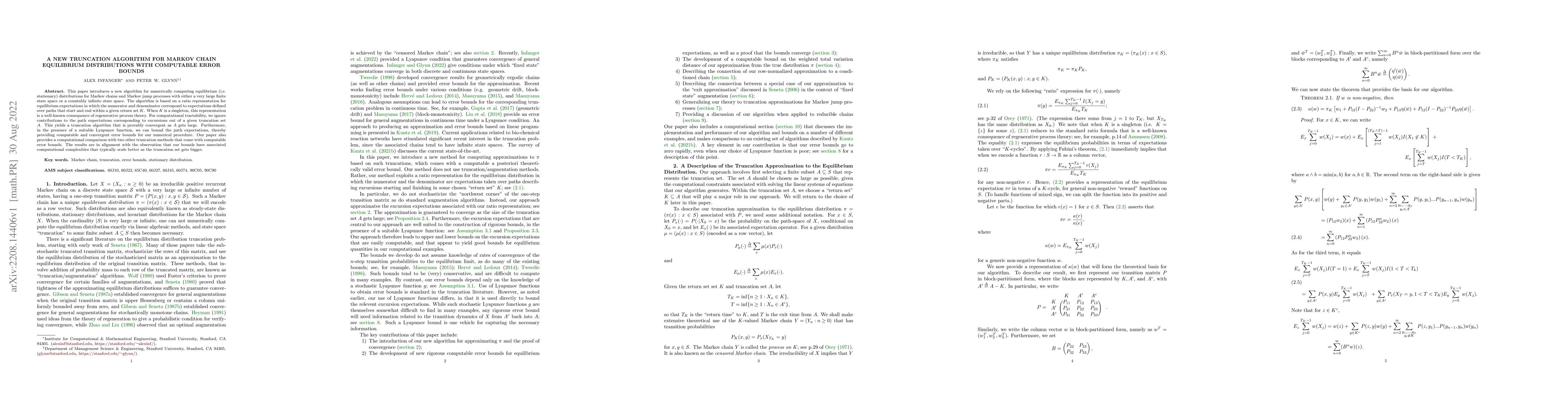 Thumbnail for A New Truncation Algorithm for Markov Chain Equilibrium Distributions
  with Computable Error Bounds
