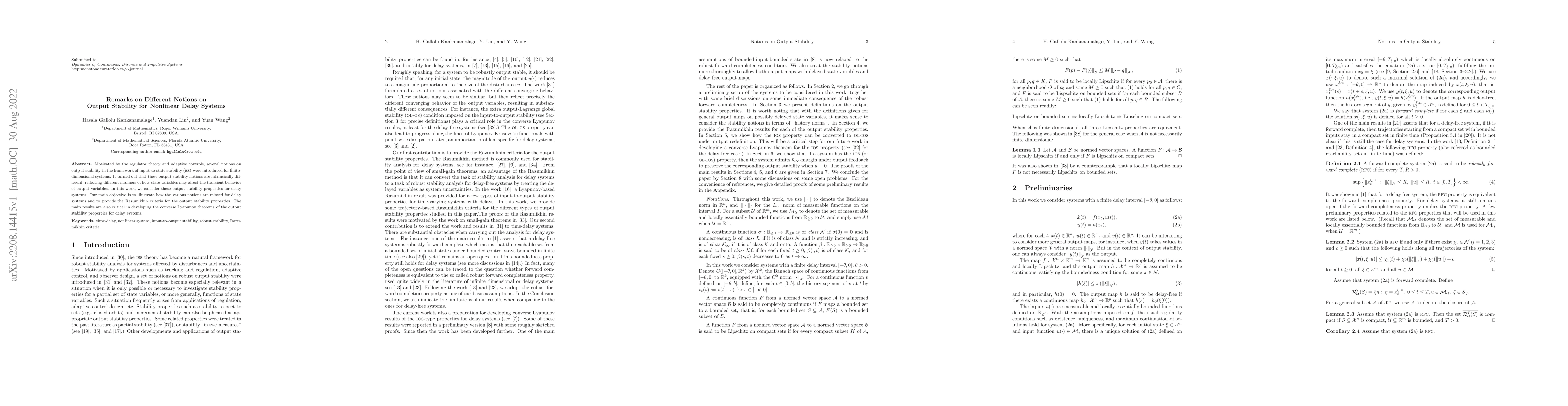 Thumbnail for Remarks on Different Notions on Output Stability for Nonlinear Delay
  Systems