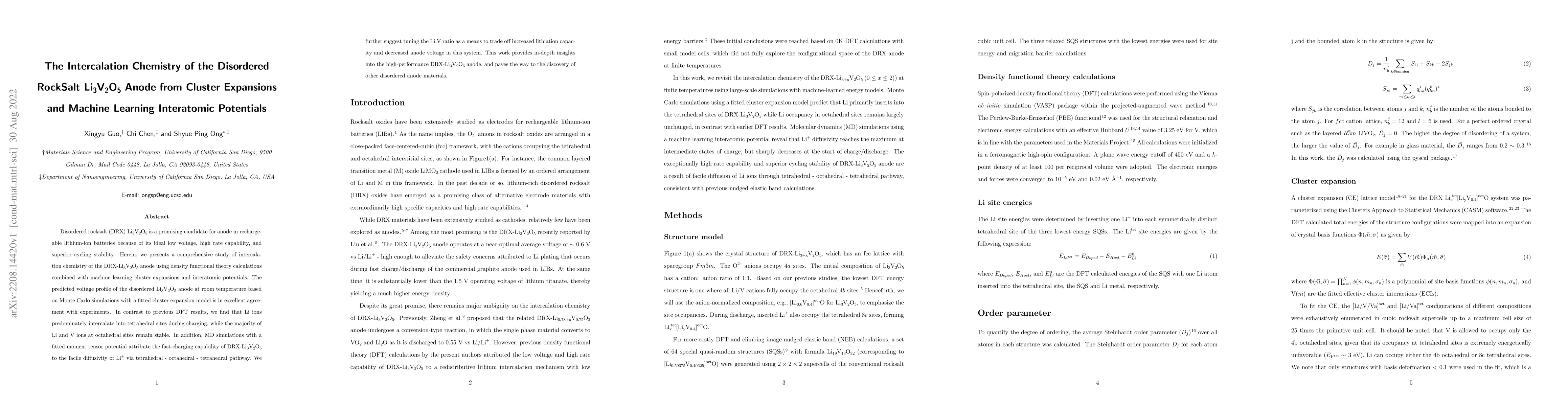 Thumbnail for The Intercalation Chemistry of the Disordered RockSalt Li3V2O5 Anode
  from Cluster Expansions and Machine Learning Interatomic Potentials