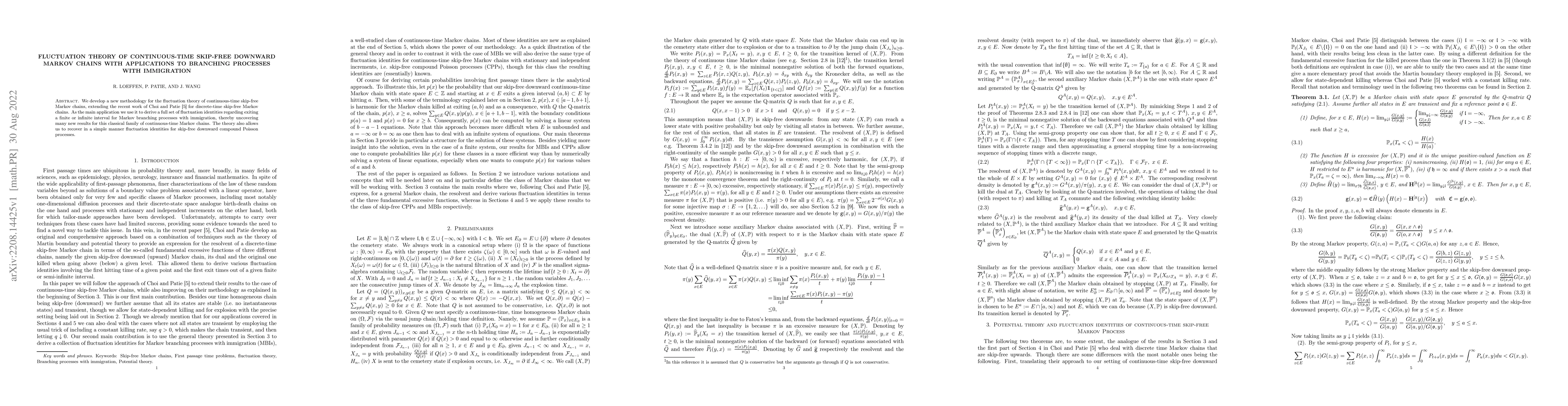 Thumbnail for Fluctuation theory of continuous-time skip-free downward Markov chains
  with applications to branching processes with immigration